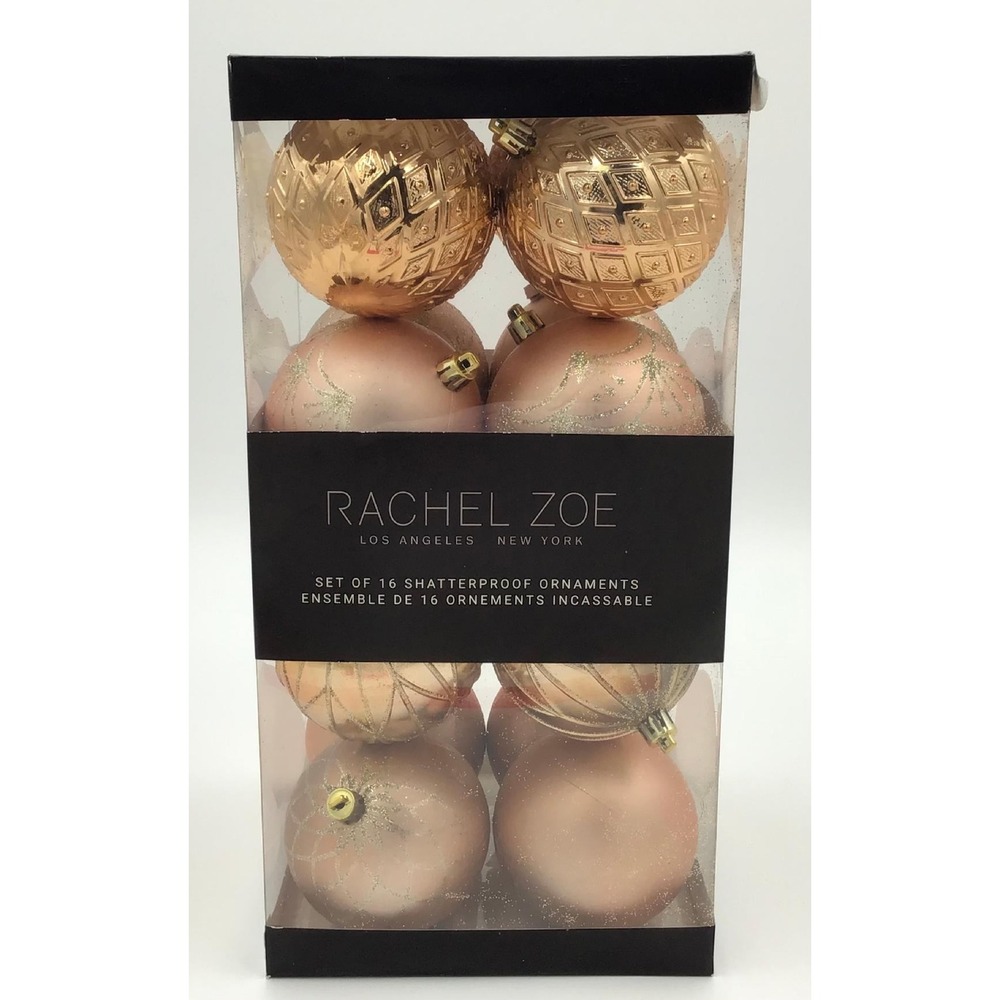 NIB Rachel Zoe 16ct Shatterproof Christmas Ornaments Rose Gold Pink Glitter New